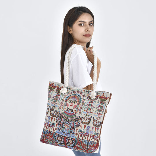 Jacquard gewebte Jute-Tasche mit Mond Design, 42x34 cm, Boho
