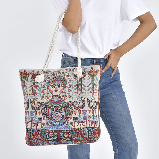Jacquard gewebte Jute-Tasche mit Mond Design, 42x34 cm, Boho