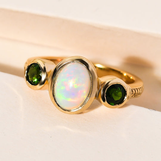 Natürlicher, äthiopischer Opal und Chromdiopsid-Ring, 925 Silber vergoldet ca. 1.38 ct