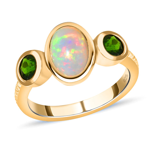 Natürlicher, äthiopischer Opal und Chromdiopsid-Ring, 925 Silber vergoldet ca. 1.38 ct