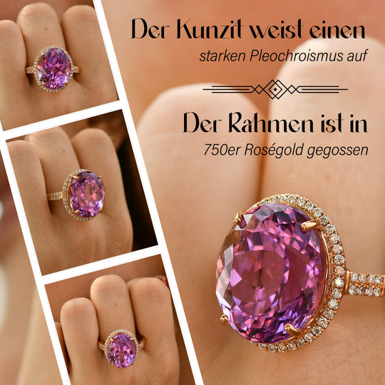 Iliana AAA Patroke Kunzit und weißer Diamant-Ring, SI G-H, zertifiziert und geprüft, 750 Roségold ca. 18.85 ct