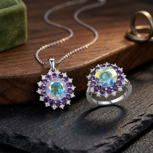 D'Joy Merkur mystischer Topas, afrikanischer Amethyst und Zirkon Ring und Anhänger mit 45cm Kette