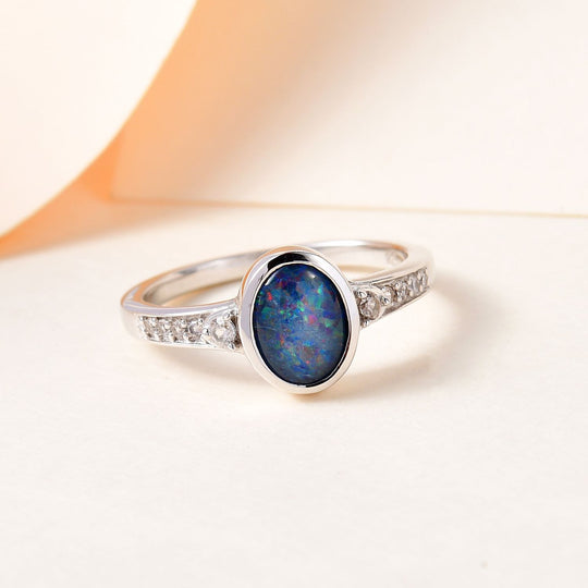 Boulder Opal Triplette und weißer Zirkon-Ring, 925 Silber platiniert ca. 1.09 ct