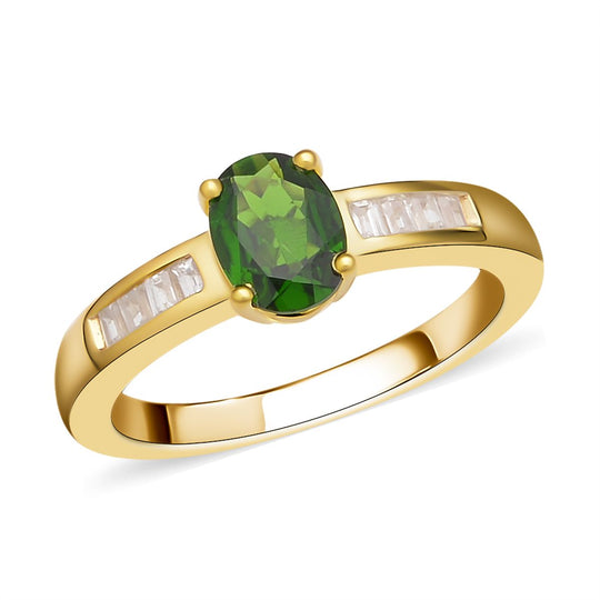 Natürlicher Chromdiopsid und weißer Zirkon Ring, 925 Silber Gelbgold Vermeil ca. 1.53 ct