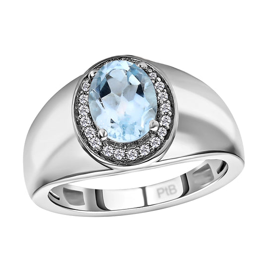 Himmelblauer Topas und weißer Zirkon-Ring, reines Messing platiniert ca. 1,63 ct