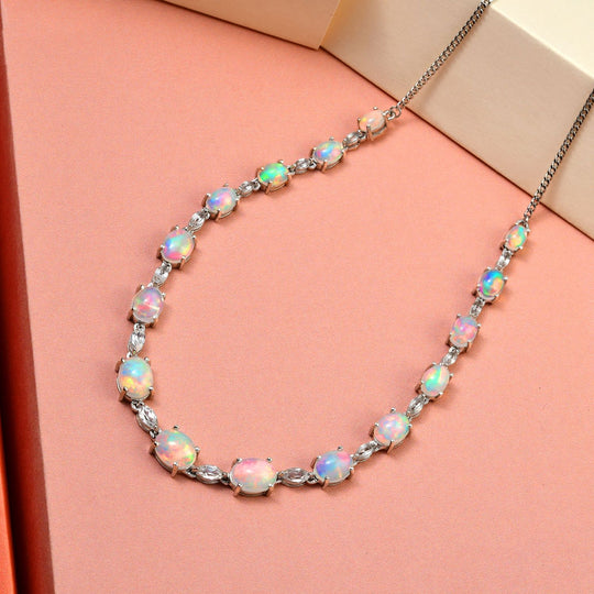 Natürliche, äthiopische Welo Opal Halskette, ca. 45 cm, 925 Silber platiniert ca. 14,25 ct