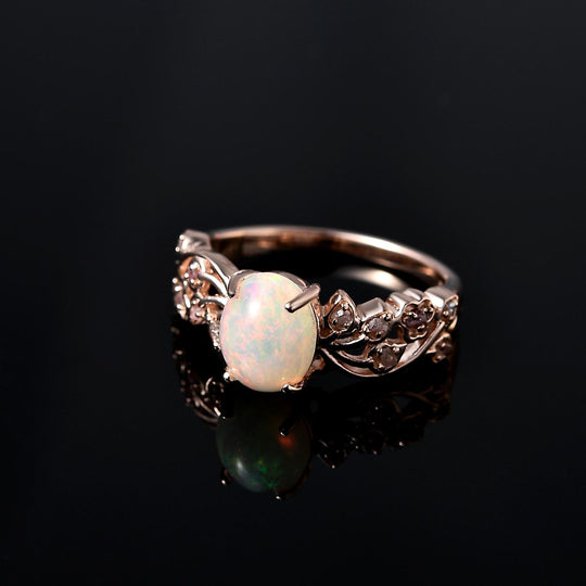 Natürlicher, äthiopischer Welo Opal und natürlicher, ungeschliffener rosa Diamant Ring, 925 Silber Roségold Vermeil ca. 1.44 ct
