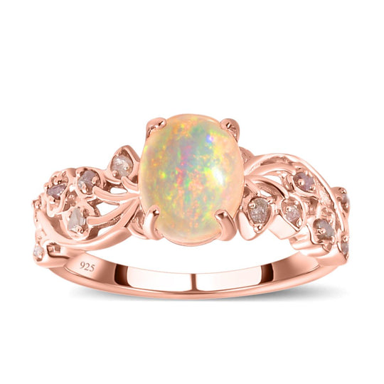 Natürlicher, äthiopischer Welo Opal und natürlicher, ungeschliffener rosa Diamant Ring, 925 Silber Roségold Vermeil ca. 1.44 ct