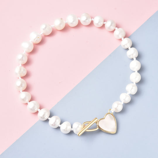 Perlmutt und weißes Süßwasserperlen-Armband, 20 cm, Messing