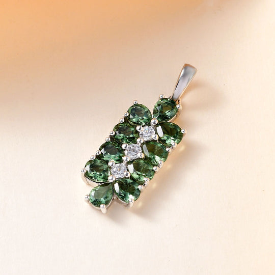 Natürlicher, grüner Apatit und weißer Zirkon-Anhänger, 925 Silber platiniert ca. 3.96 ct