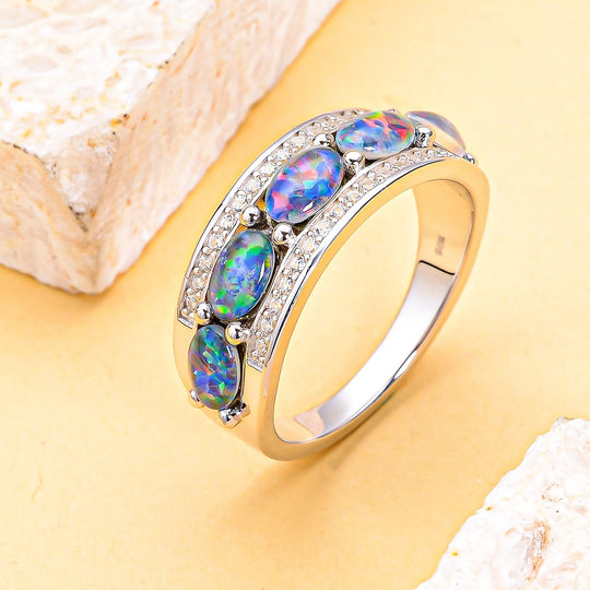 Boulder Opal Triplette und weißer Zirkon-Ring, 925 Silber rhodiniert ca. 2.05 ct