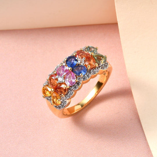 Mehrfarbiger Saphir und weißer Zirkon-Ring, 925 Silber vergoldet ca. 3.54 ct