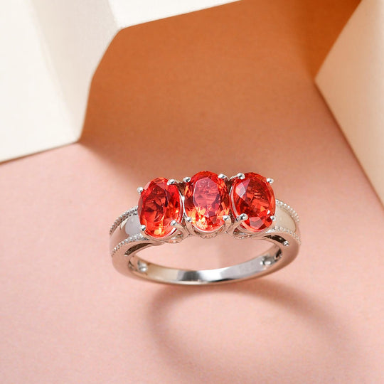 Padparadscha Triplette Quarz-Ring, 925 Silber platiniert ca. 2.63 ct