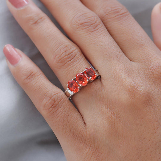 Padparadscha Triplette Quarz-Ring, 925 Silber platiniert ca. 2.63 ct