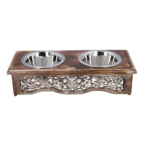 NAKKASHI - Handgeschnitzte Futternäpfe aus Mangoholz mit Schalen aus Edelstahl, braun, floral
