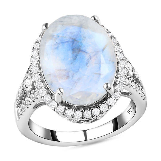 Premium Regenbogen Mondstein und weißer Zirkon-Ring, 925 Silber platiniert ca. 9.10 ct