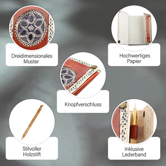 Mandalageprägtes Leder Notizbuch mit 96 Seiten & 1 Holzstift, braun