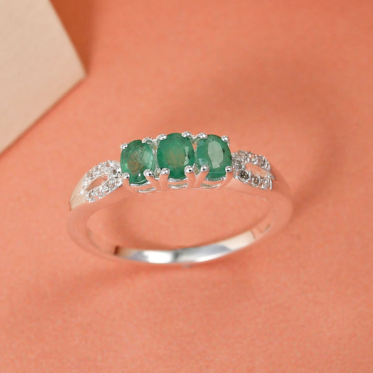 Kagem sambischer Smaragd und weißer Zirkon-Ring, 925 Silber ca. 0.61 ct