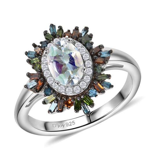 D'Joy AAA Premium Malagasy Mondstein und mehrfarbiger Diamant Ring und Anhänger mit 50cm Kette