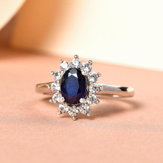 Masoala Saphir und weißer Zirkon-Ring, (Fissure gefüllt), 925 Silber platiniert ca. 1.84 ct