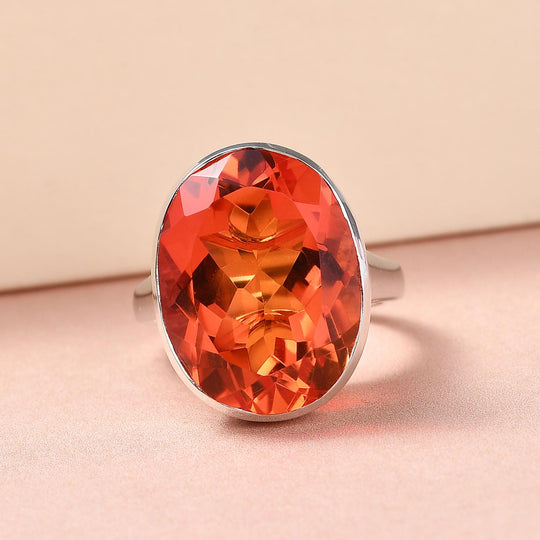 Padparadscha Triplette Quarz-Ring, 925 Silber platiniert ca. 19.33 ct
