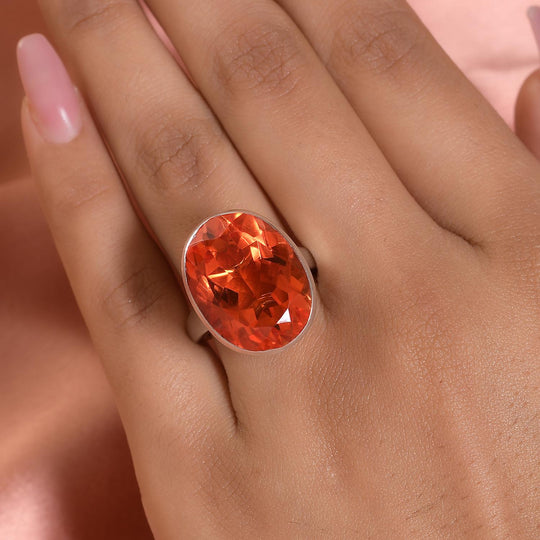 Padparadscha Triplette Quarz-Ring, 925 Silber platiniert ca. 19.33 ct