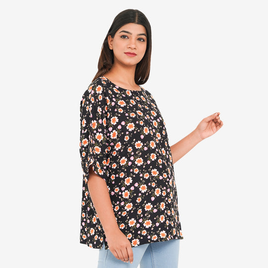 TAMSY - bedrucktes Top mit Blumendruck, Größe 38, Schwarz