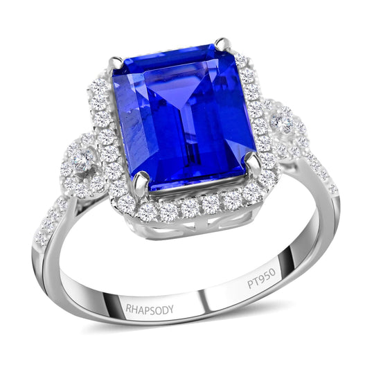 Rhapsody AAAA Tansanit, Weißer Diamant AGI zertifiziert Ring 950 Platin (Größe 18.00) (10-16 Werktage Lieferzeit) ca. 3.85 ct
