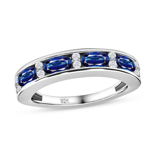Masoala Saphir (Fissure gefüllt) und weißer Zirkon-Ring, 925 Silber platiniert ca. 1.62 ct