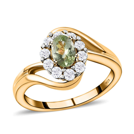 Natürlicher Merelani Mint-Granat und weißer Zirkon-Ring, 925 Silber Gelbgold Vermeil ca. 0.97 ct