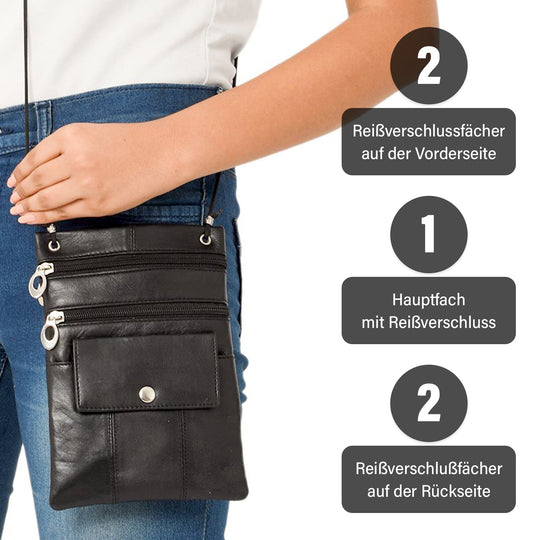 100% Echtleder Crossbody-Tasche, 15.25x19.05 cm, schwarz