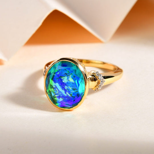 Pfau Triplett Quarz und weißer Zirkon-Ring, 925 Silber vergoldet ca. 5,36 ct