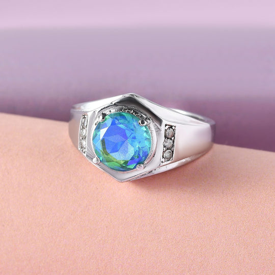 Pfau Triplette Quarz und weißer Zirkon-Ring, Edelstahl ca. 2.93 ct