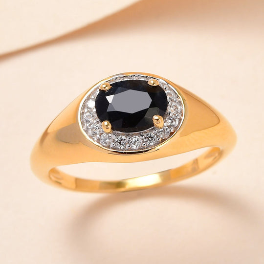 Schwarzer Saphir und weißer Zirkon-Ring, 925 Silber Gelbgold Vermeil ca. 1.27 ct