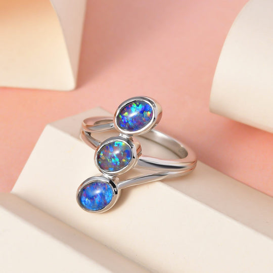 Boulder Opal Triplette Ring, 925 Silber platiniert (Größe 17.00) ca. 1.77 ct