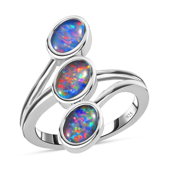 Boulder Opal Triplette Ring, 925 Silber platiniert (Größe 17.00) ca. 1.77 ct