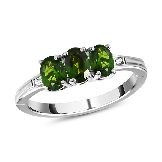 Natürlicher Chromdiopsid und weißer Zirkon-Ring mit Öffnungsmechanismus, 925 Silber platiniert ca. 1.58 ct
