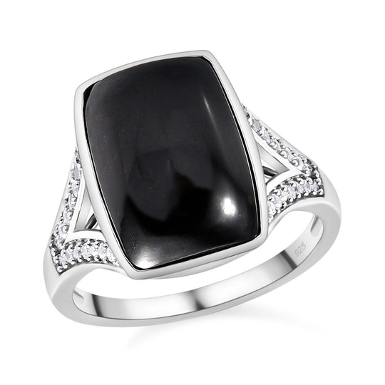 Schwarzer Turmalin und weißer Zirkon Ring, 925 Silber platiniert ca. 7.28 ct