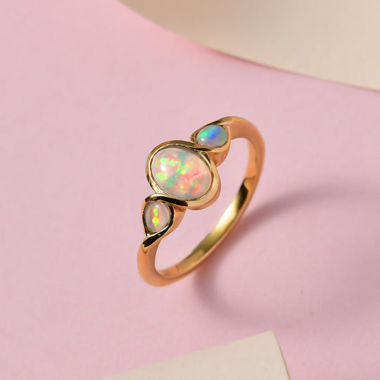 Natürlicher, äthiopischer Welo Opal Ring, 925 Silber vergoldet ca. 0.75 ct