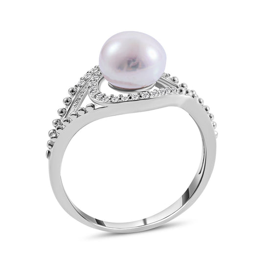 Süßwasserzuchtperle und weißer Zirkonia Ring, 925 Silber platiniert ca. 0.23 ct