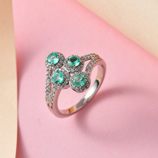 Kolumbianischer Smaragd, weißer Zirkon Ring, 925 Silber platiniert ca. 1.85 ct