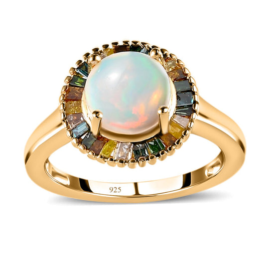 Natürlicher, äthiopischer Welo Opal, mehrfarbiger Diamant Ring, 925 Silber Gelbgold Vermeil (Größe 21.00) ca. 1.82 ct