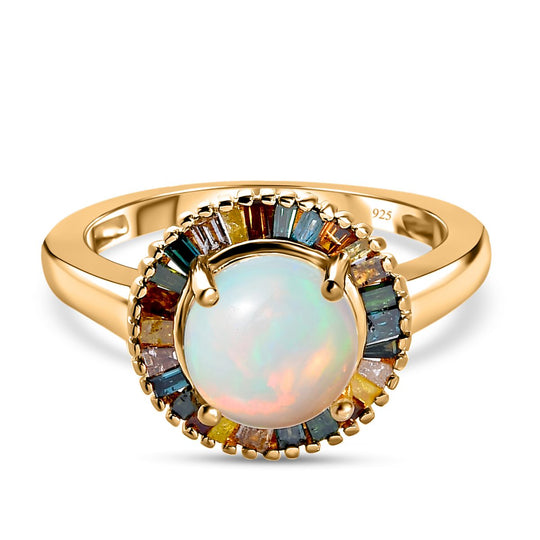 Natürlicher, äthiopischer Welo Opal, mehrfarbiger Diamant Ring, 925 Silber Gelbgold Vermeil (Größe 21.00) ca. 1.82 ct