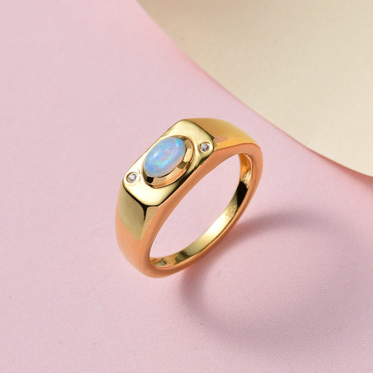 Natürlicher, äthiopischer Welo Opal, weißer Zirkon Ring, 925 Silber vergoldet ca. 0.54 ct