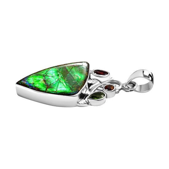 Kanadische Ammolit und roter Granat Anhänger, 925 Silber platiniert ca. 17.59 ct