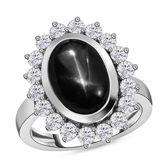 Schwarzer Stern Diopsid, weißer Zirkon Ring, 925 Silber platiniert, (Größe 19.00) ca. 9.79 ct