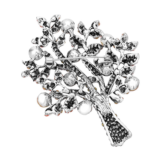 Orangene Kristall Lebensbaum Brosche, Antik-Silber-Plattierung