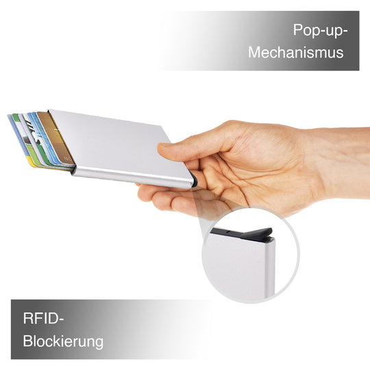 4er Set - Stilvollen RFID-blockierenden Kartenhaltern - Pop-Up Mechanismus, kompakt, Größe 9.5x9x6 cm