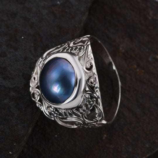 Blauer Mabenperlen Ring, 925 Silber