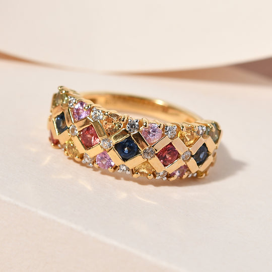 Mehrfarbiger Saphir und Zirkon-Ring, 925 Silber Gelbgold Vermeil ca. 1,82 ct